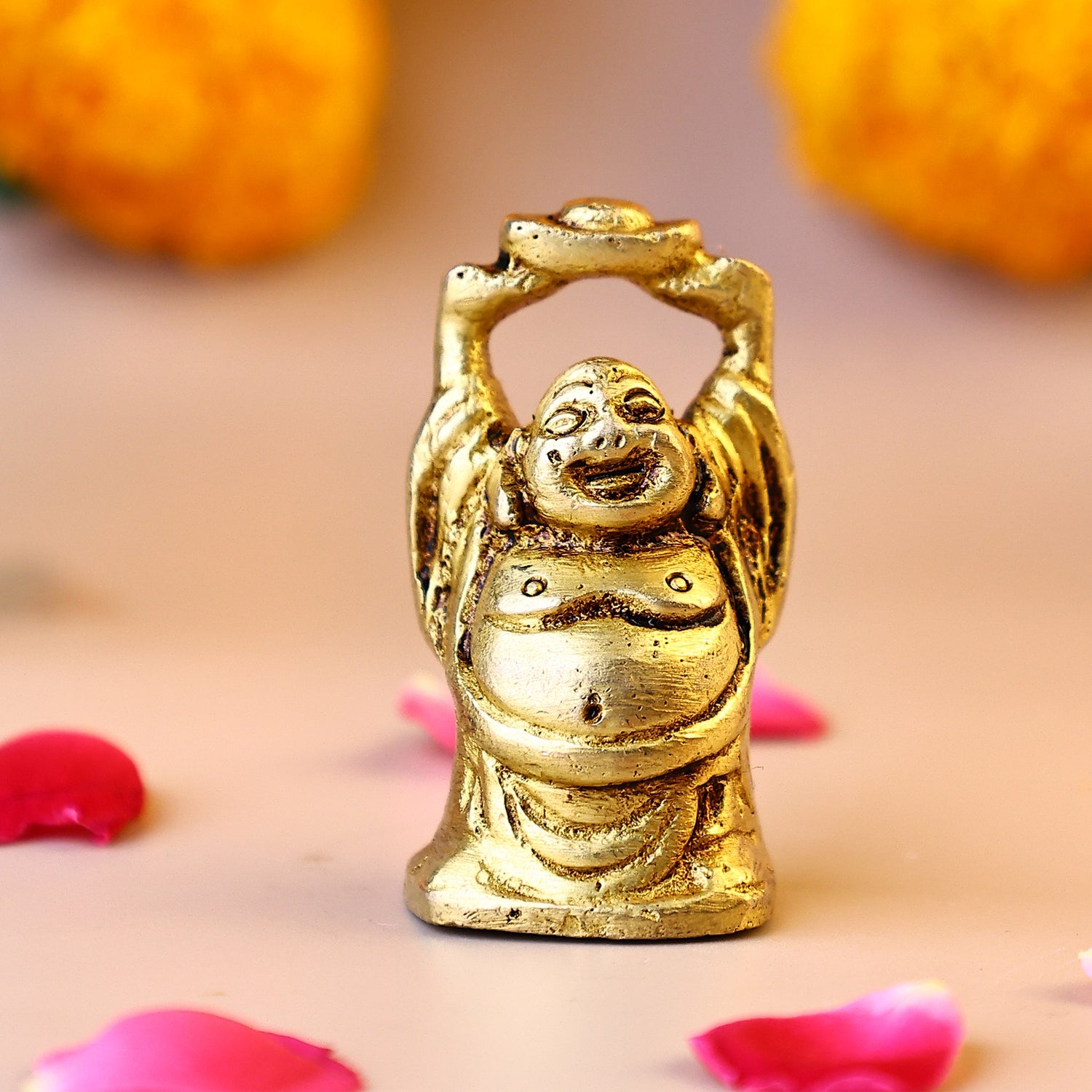 Brass Laughing Buddha Holding a Gold Ingot – Abhimantrit