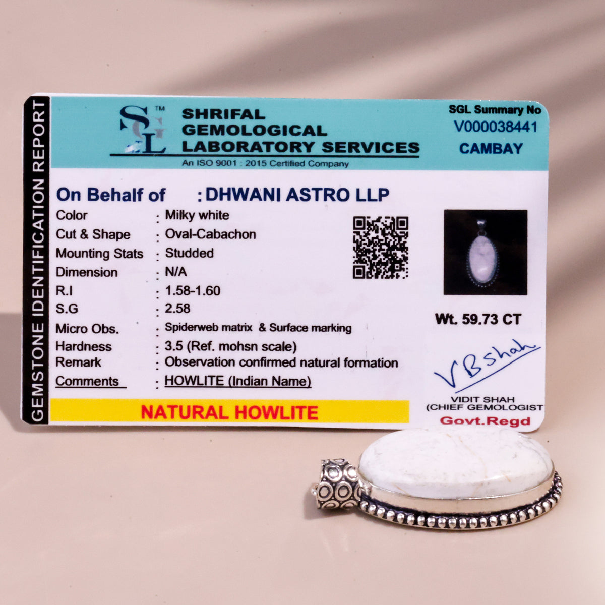 Howlite Oval Stone Pendant - Abhimantrit & Certifiefd