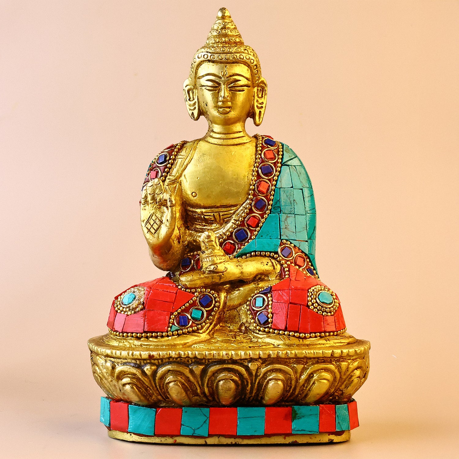 Brass Mahatma Buddha Statue With Stone Work - Abhimantrit