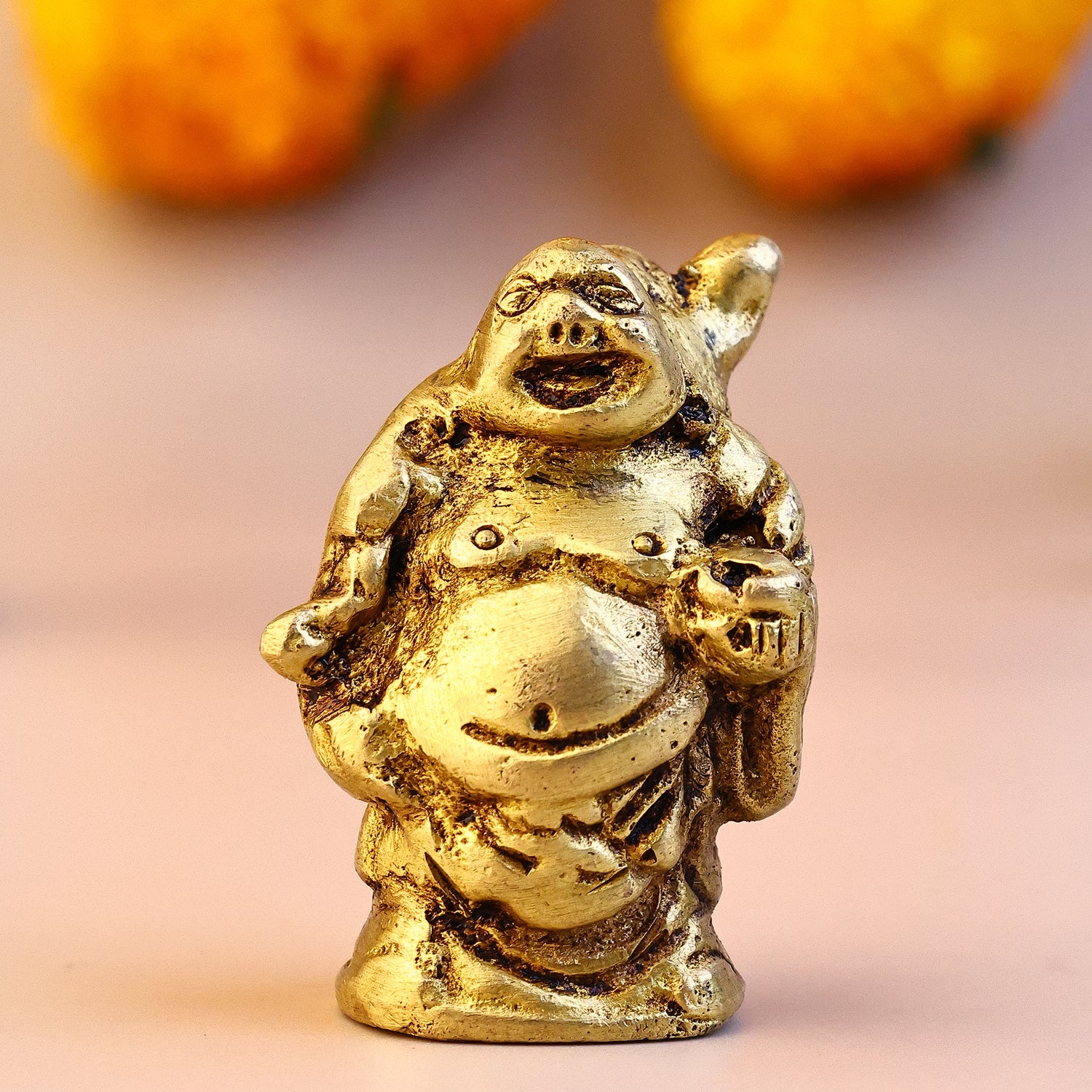 Brass Laughing Buddha with Bowl & Bag - Abhimantrit