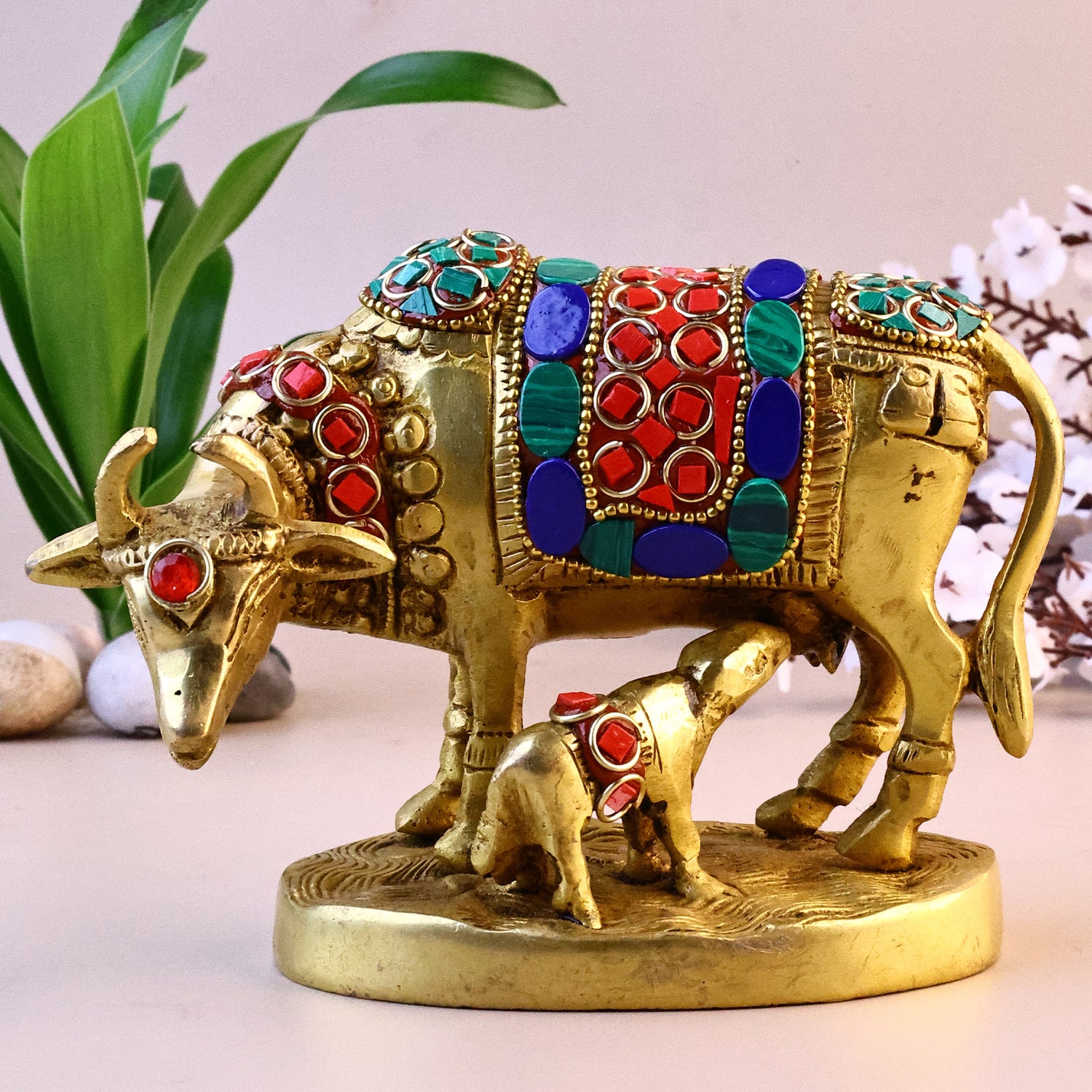 Brass Kaam Dhenu Cow With Calf (Stonework) - Abhimantrit