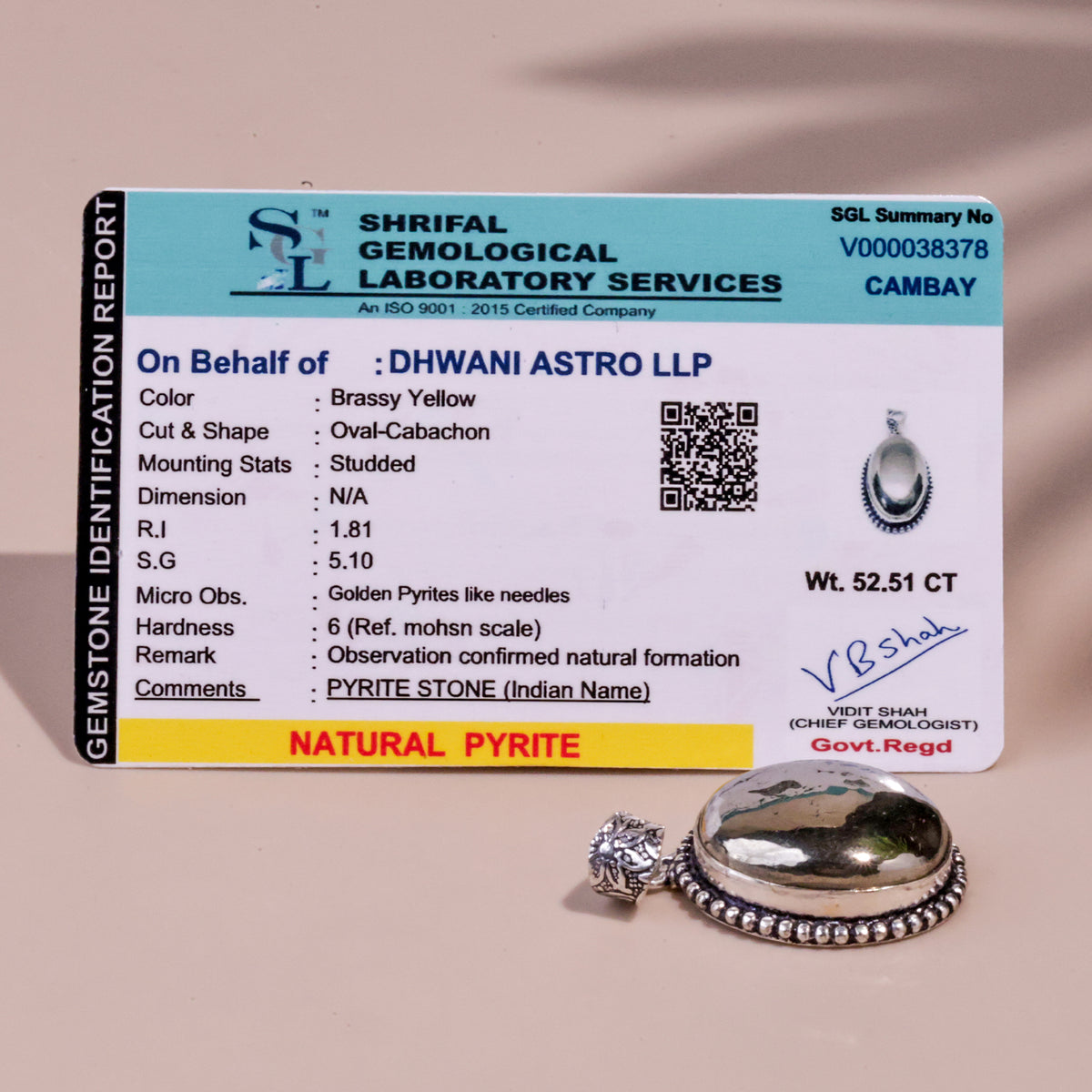 Pyrite Oval stone Pendant - Abhimantrit & Certifiefd