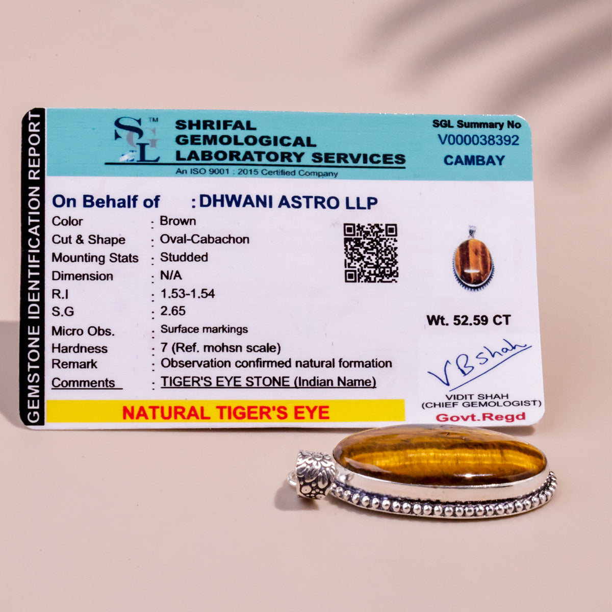 Tiger Eye Oval Stone Pendant - Abhimantrit & Certifiefd