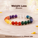 Colorful beaded bracelet on a light background with text 'Weight Loss Bracelet' and 'Personally Abhimantrit by Dhwani Jain'.