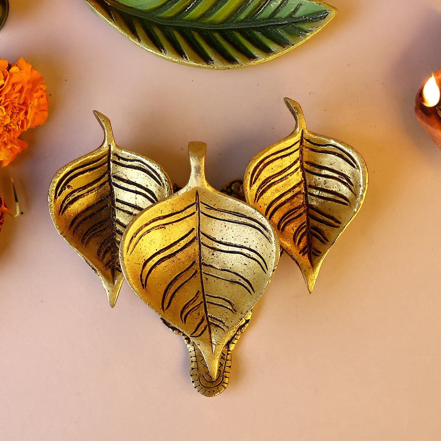 Brass Leaf Shaped 3 Layered Deepam - Abhimantrit
