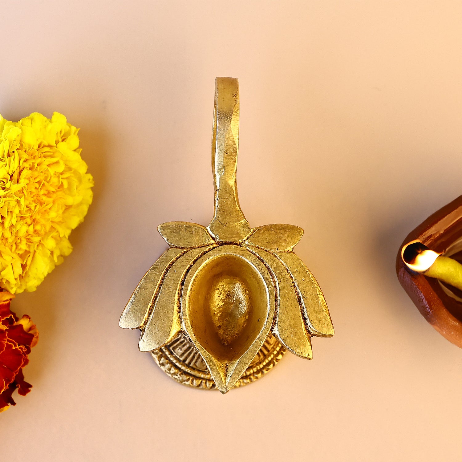 Brass Lotus Diya With Handle - Abhimantrit