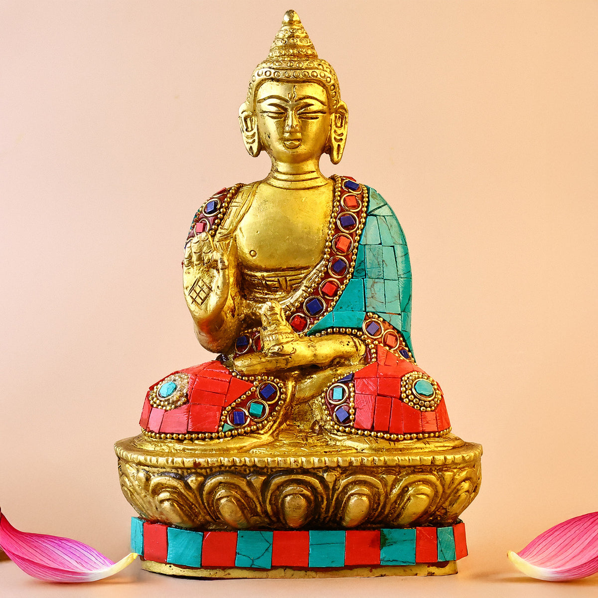 Brass Mahatma Buddha Statue With Stone Work - Abhimantrit
