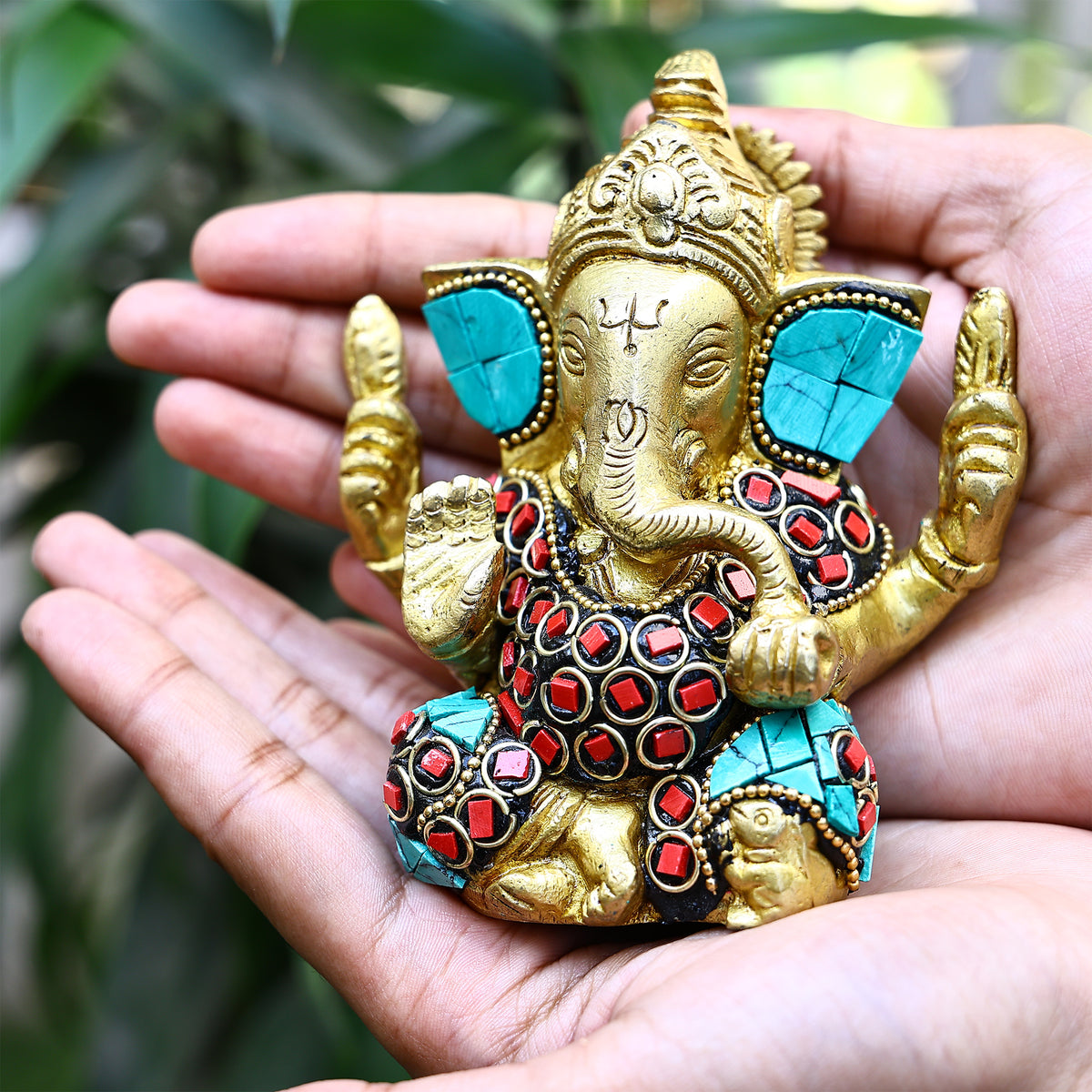 Brass Shri Ganesh Statue with Stonework - Abhimantrit