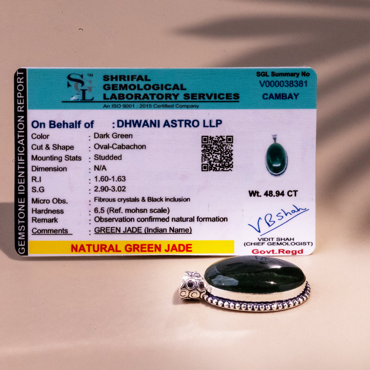 Green Jade Oval Stone Pendant - Abhimantrit & Certifiefd