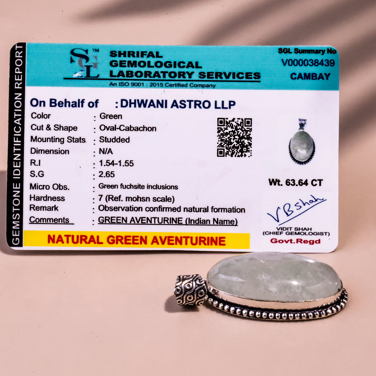 Green Aventurine Oval Stone Pendant - Abhimantrit & Certifiefd