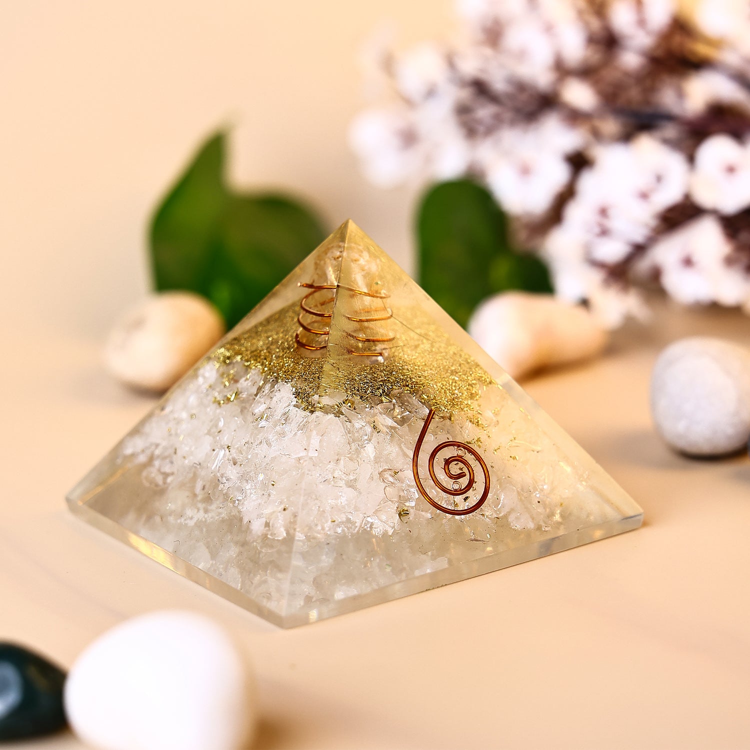 Selenite Pyramid with Shri Yantra- Abhimantrit