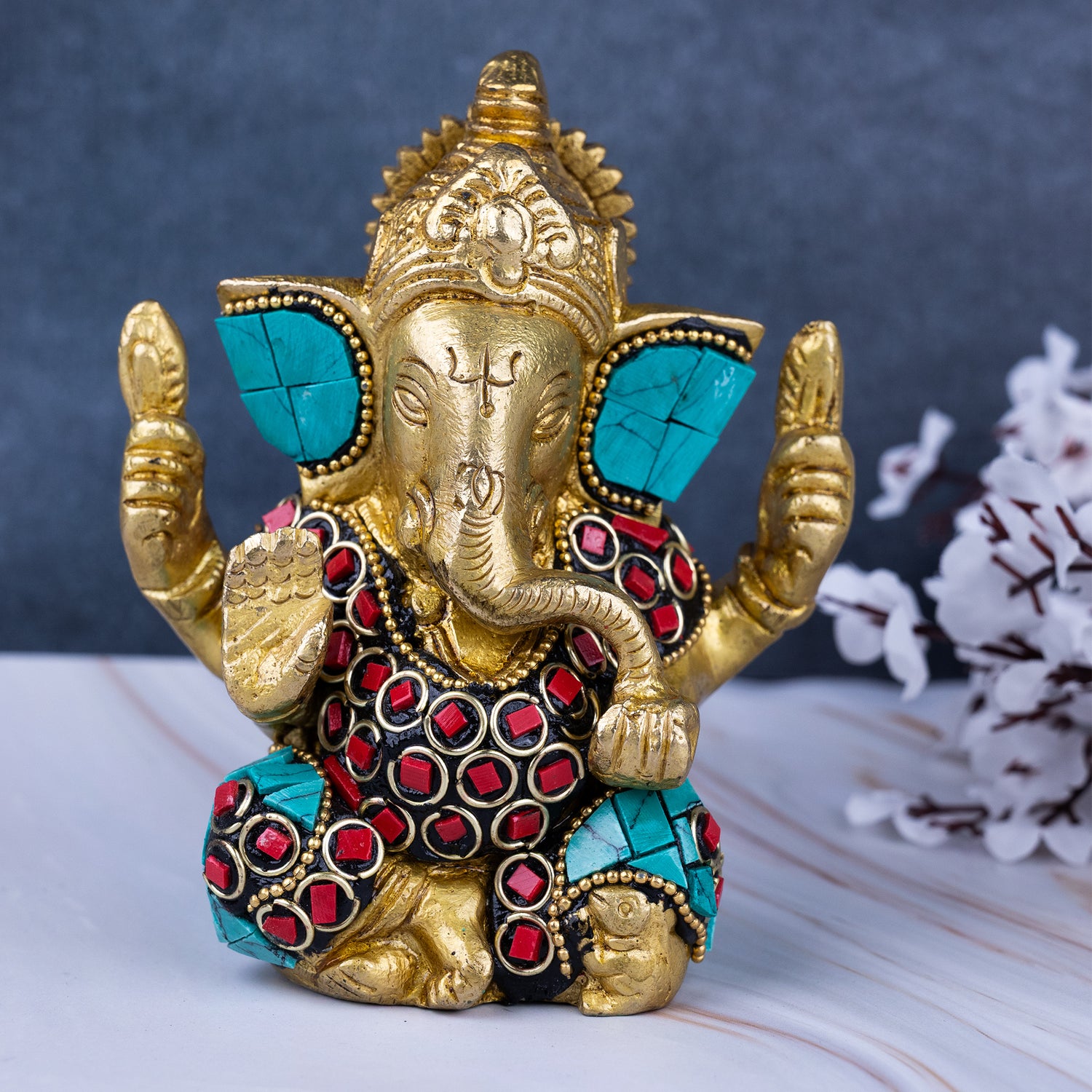 Brass Shri Ganesh Statue with Stonework - Abhimantrit