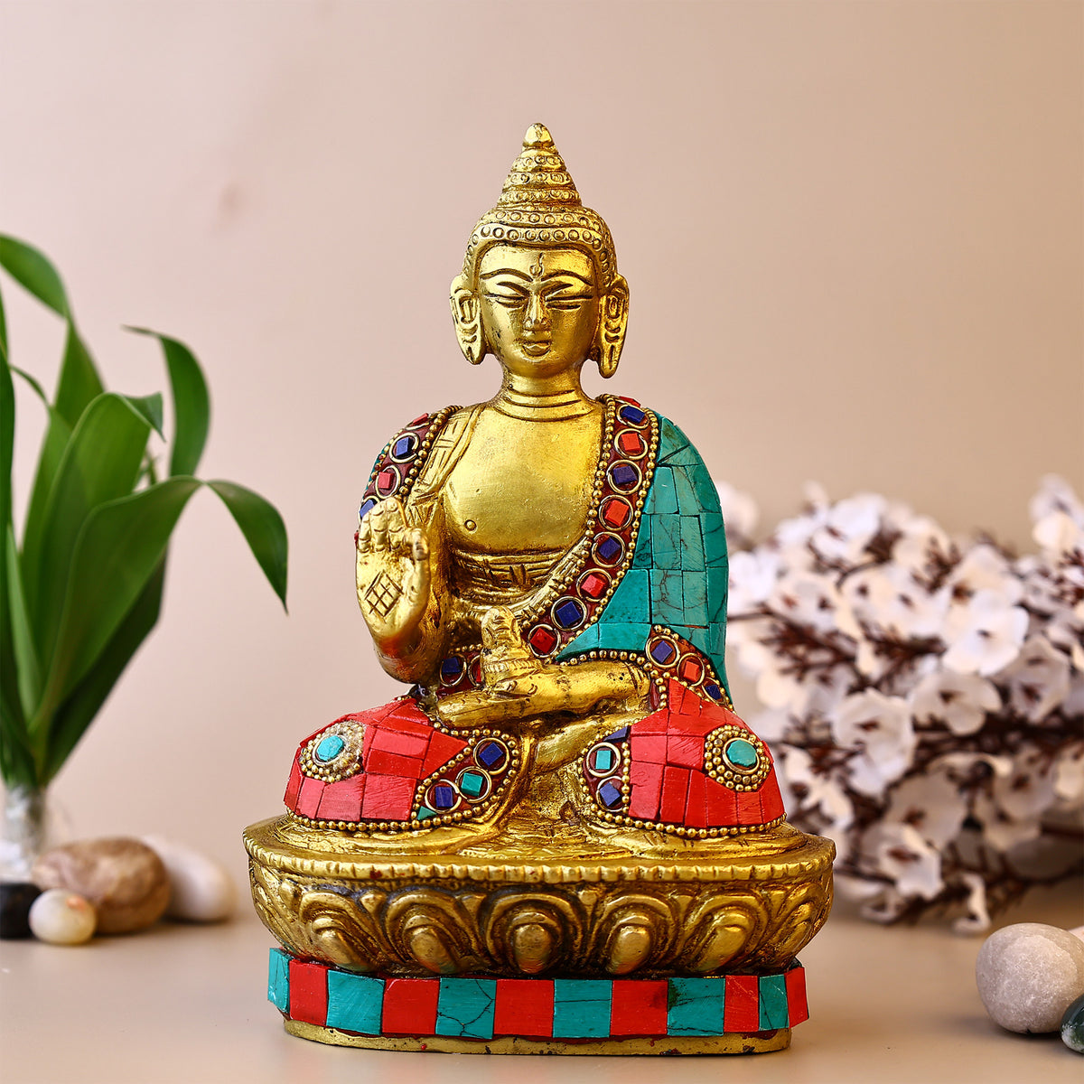 Brass Mahatma Buddha Statue With Stone Work - Abhimantrit