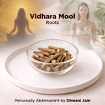 Bowl of Vidhara Mool Roots with people meditating in the background
