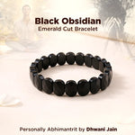 Black obsidian bracelet on a light background with text about the brand and product.