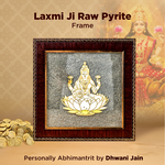 Framed artwork of a deity with 'Laxmi Ji Raw Pyrite' text on a beige background.