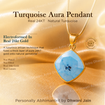 Turquoise Aura Pendant with gold chain on a gold background