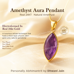 Amethyst Aura Pendant with gold chain on a soft beige background