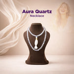 Aura Quartz necklace on a mannequin with a soft background