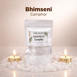 Bhimseni Camphor packaging with candles and camphor on a light background