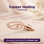 Copper healing pendulum on a soft fabric background with text about the product and artist.