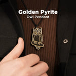 Gold owl pendant on a black cord worn by a person, with text 'Golden Pyrite Owl Pendant' above.