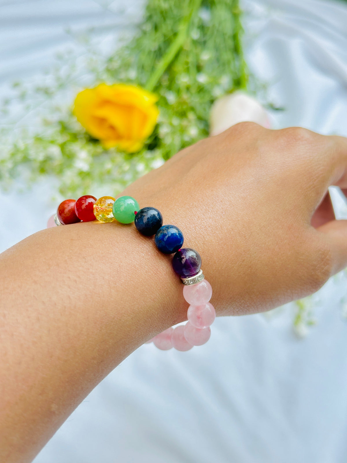 Happy Love Life: Seven Chakra with Rose Quartz Bracelet - Abhimantrit & Certified