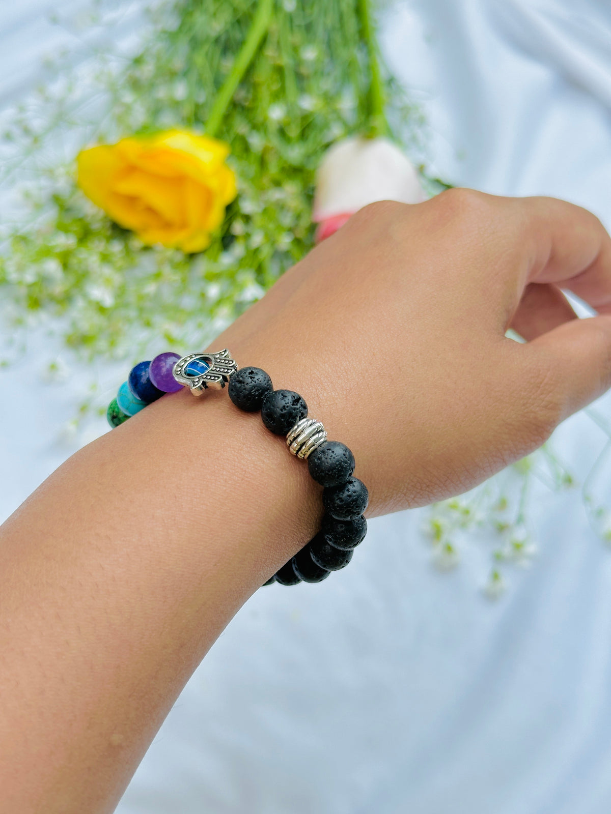 Evil Eye Protect: Seven Chakra with Lava Stone Bracelet -  Abhimantrit & Certified