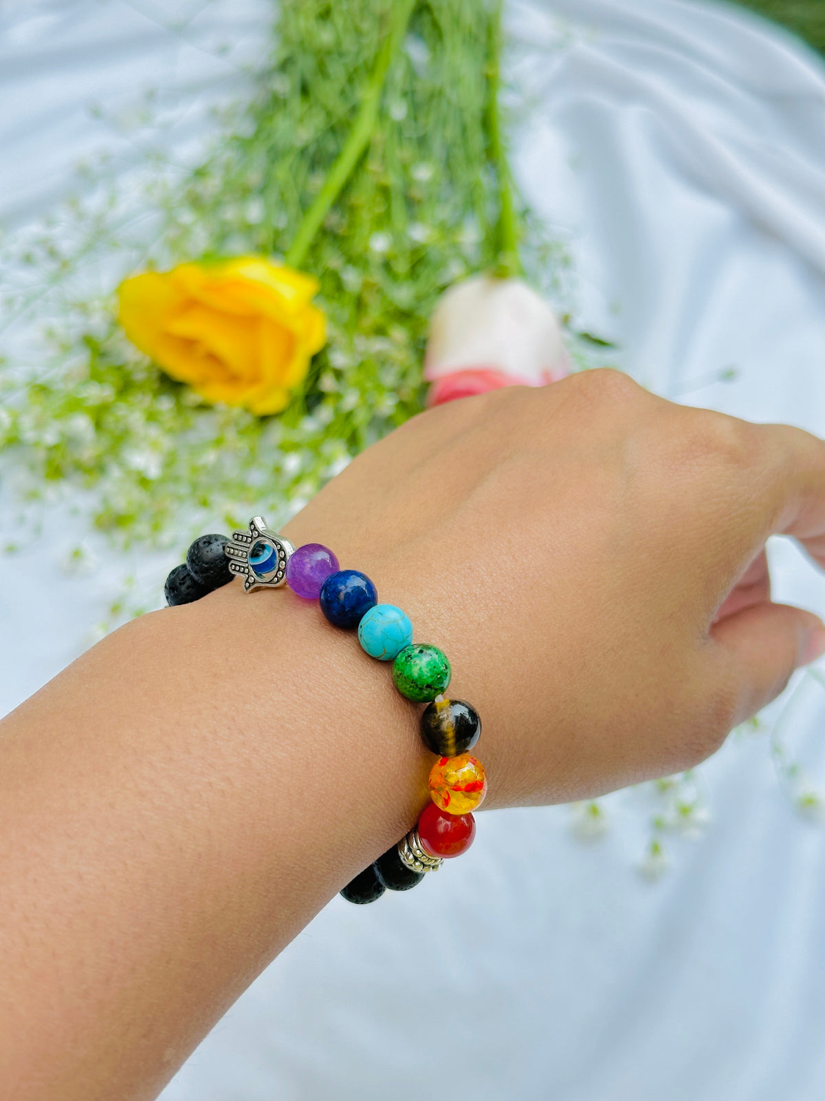 Evil Eye Protect: Seven Chakra with Lava Stone Bracelet -  Abhimantrit & Certified