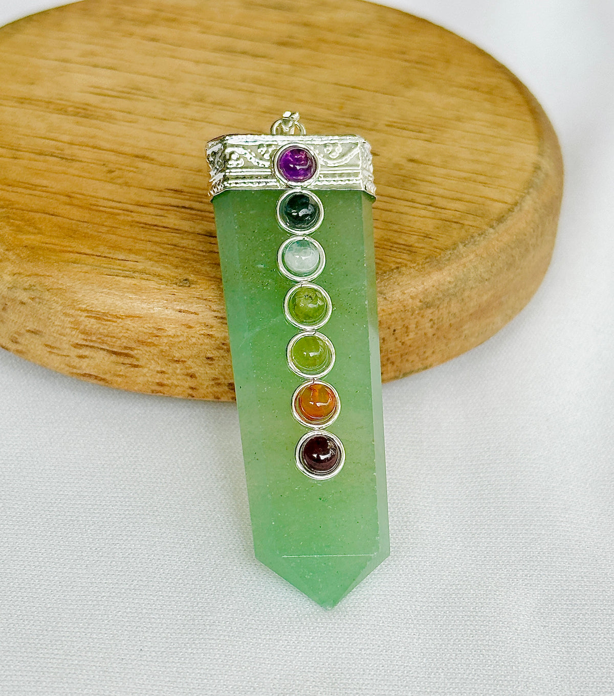 Promotes Wealth Attraction & Money Growth: Green Aventurine Seven Chakra Pendant - Abhimantrit & Certified
