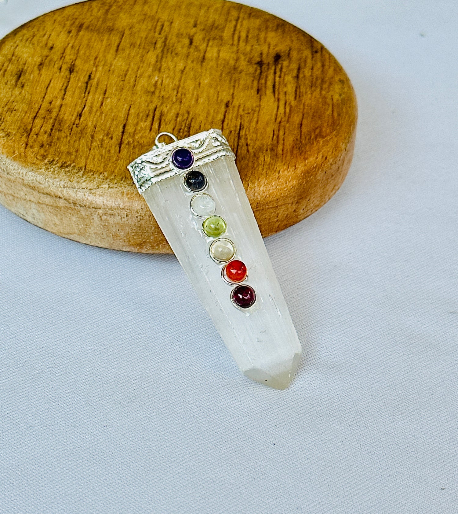 Spiritual Cleansing & Purification: Selenite Seven Chakra Pendant - Abhimantrit & Certified