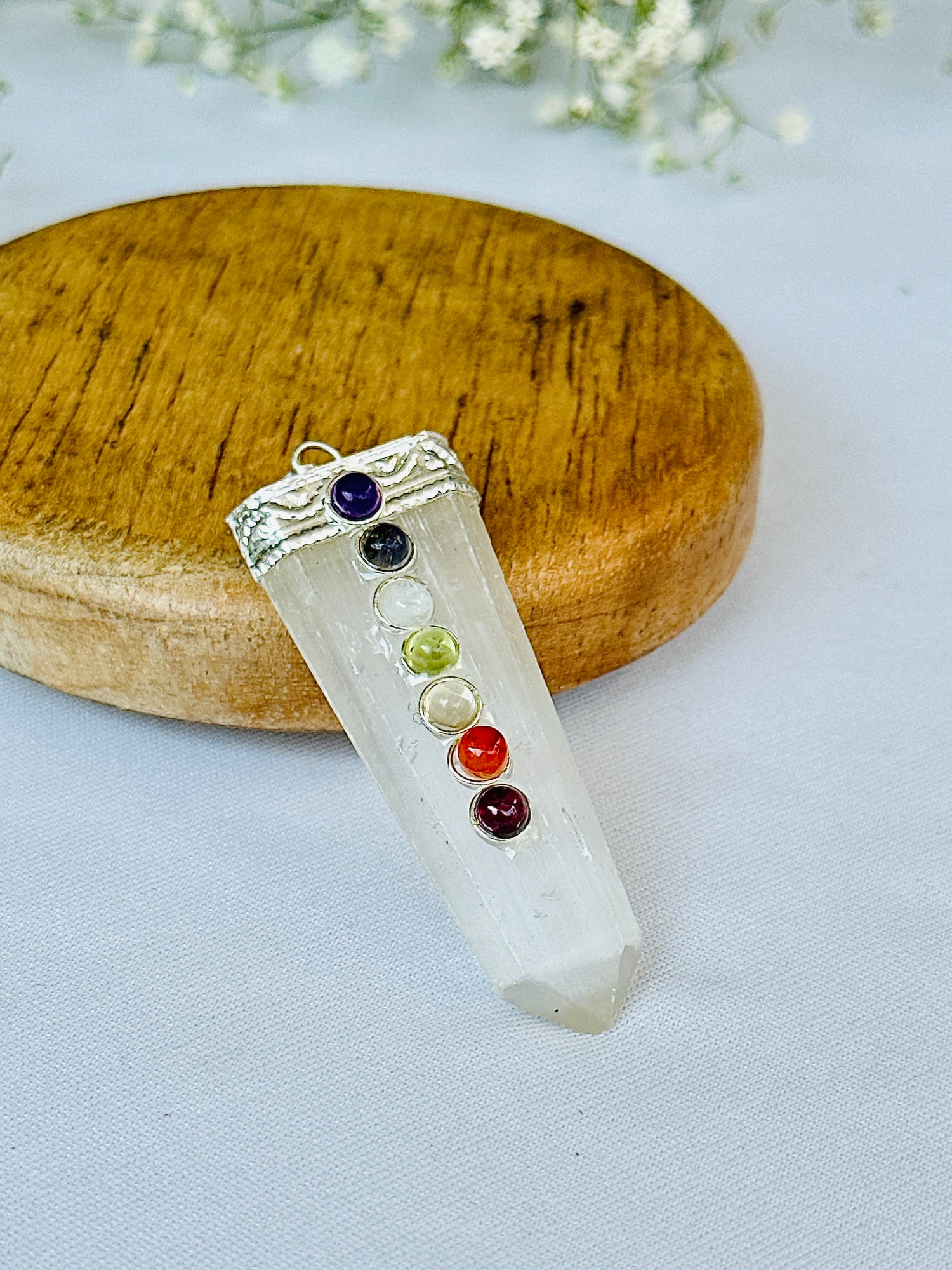 Spiritual Cleansing & Purification: Selenite Seven Chakra Pendant - Abhimantrit & Certified