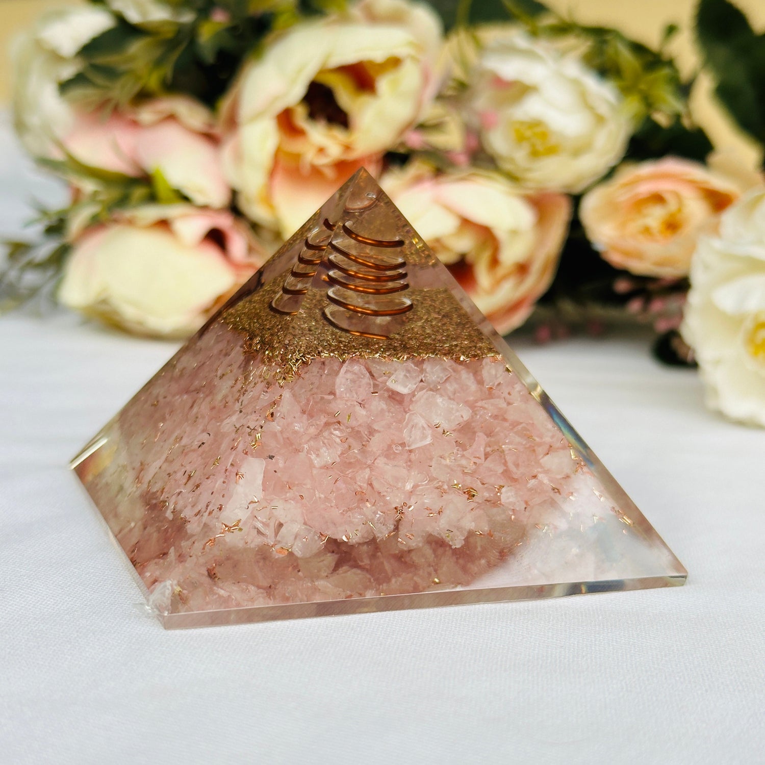 Rose Quartz Pyramid with Shri Yantra - Abhimantrit