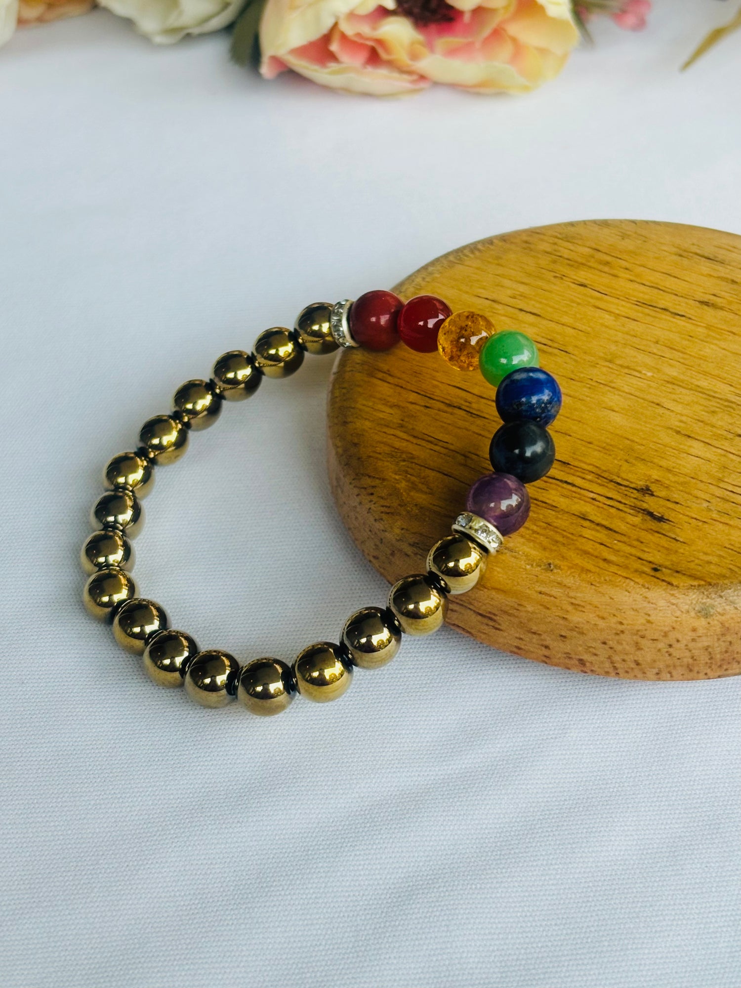 Golden Pyrite with 7 Chakra Bracelet - ABhimantrit & Certified