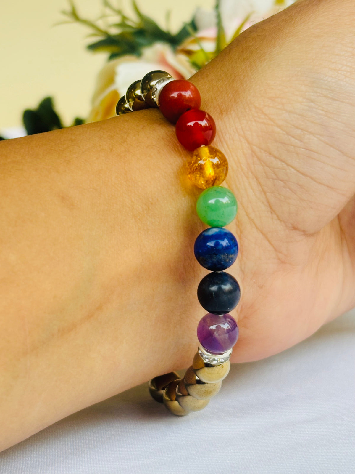 Golden Pyrite with 7 Chakra Bracelet - ABhimantrit & Certified