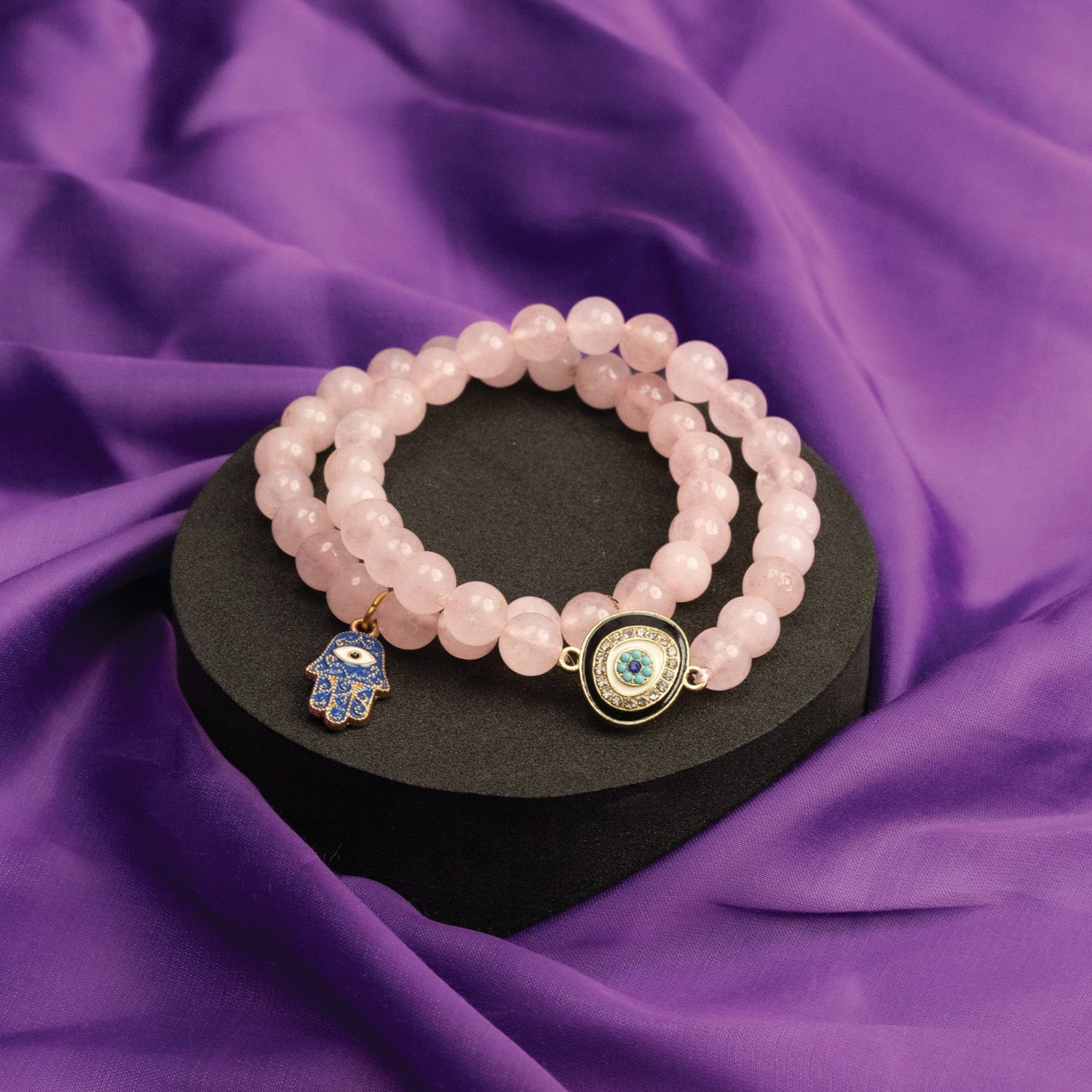 Rose Quartz Bracelet with Evil Eye & Hamsa Hand Charm Combo - Abhimantrit & Certified