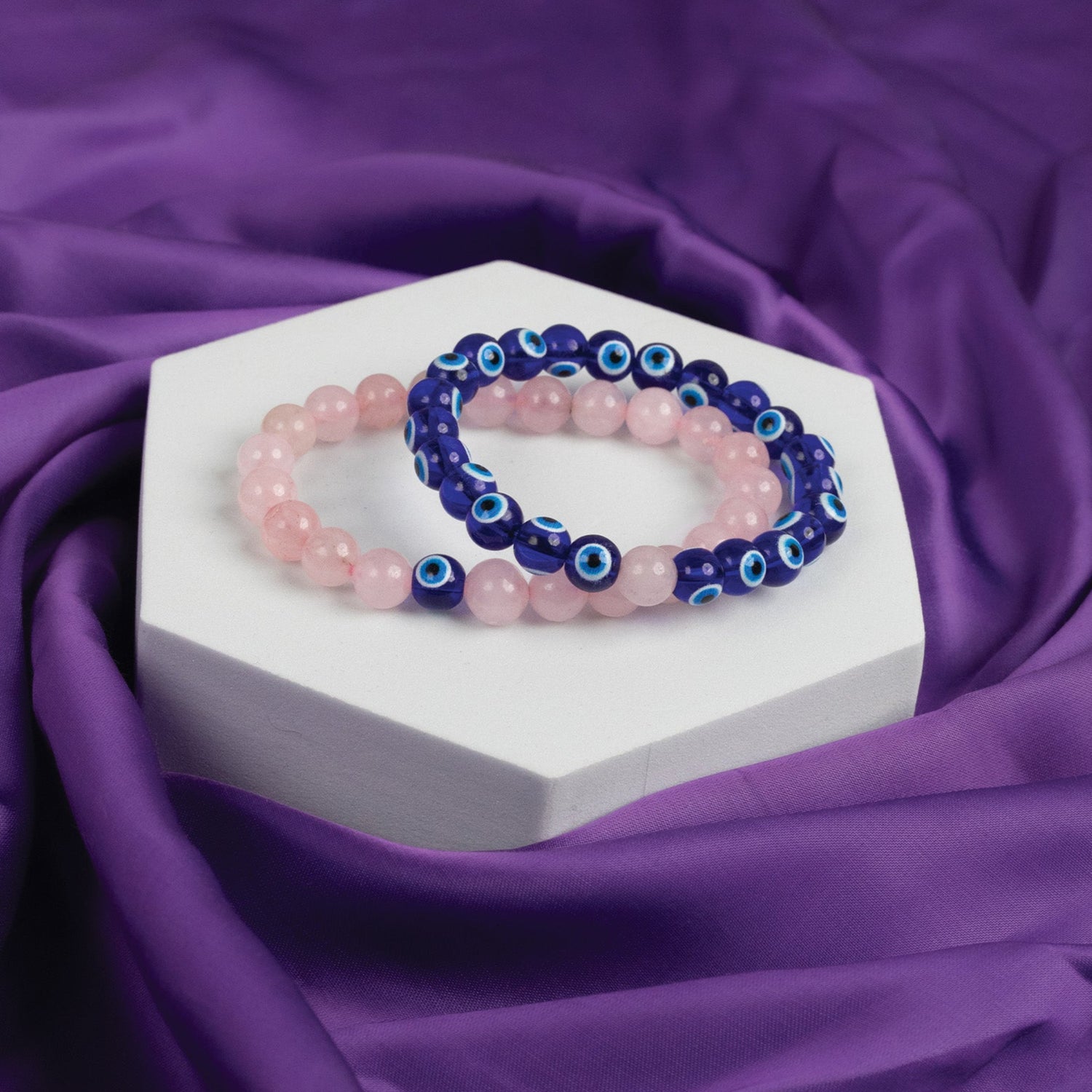 Rose Quartz and Evil Eye Bracelet Combo - Abhimantrit & Certified
