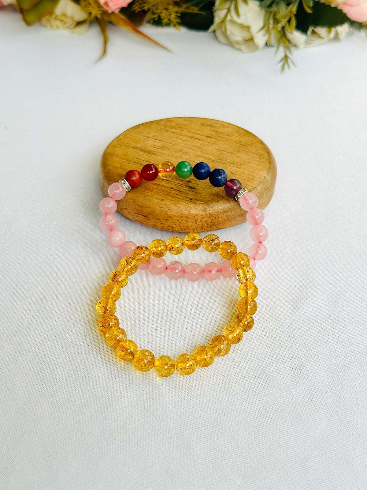 Manchaha Jeevansathi: Seven Chakra with Rose Quartz & Yellow Citrine Bracelet - Abhimantrit & Certified