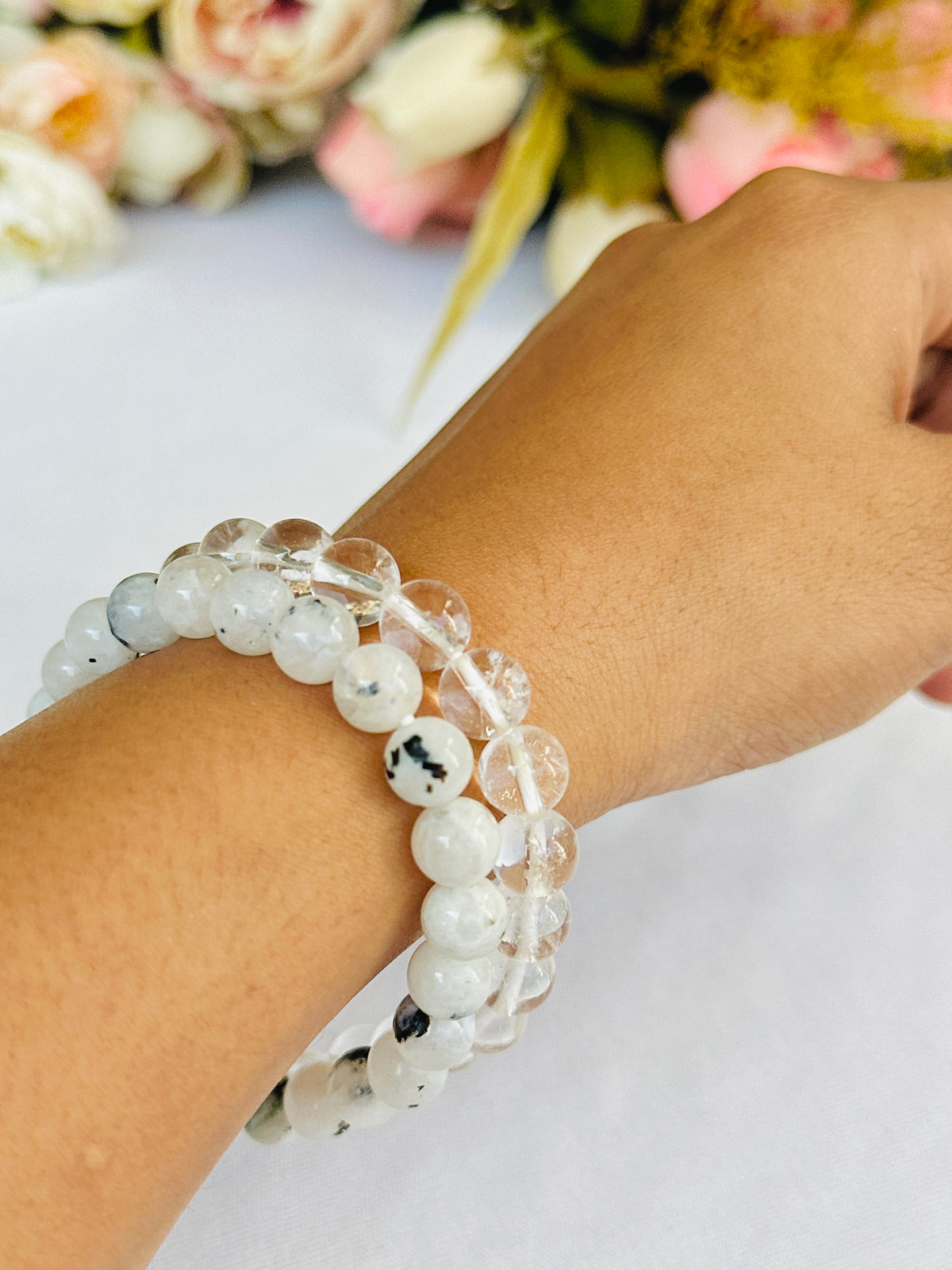 Cool Like Moon: Moonstone & Clear Quartz Bracelet - Abhimantrit & Certified