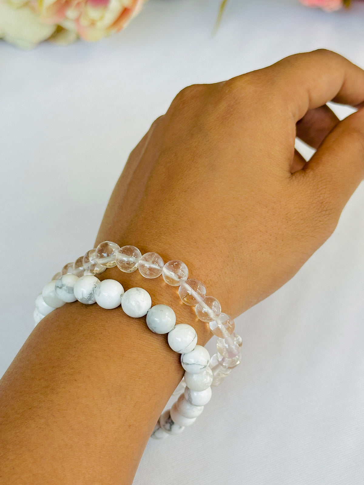 Chain ki Nind: Howlite & Clear Quartz Bracelet - Abhimantrit & Certified