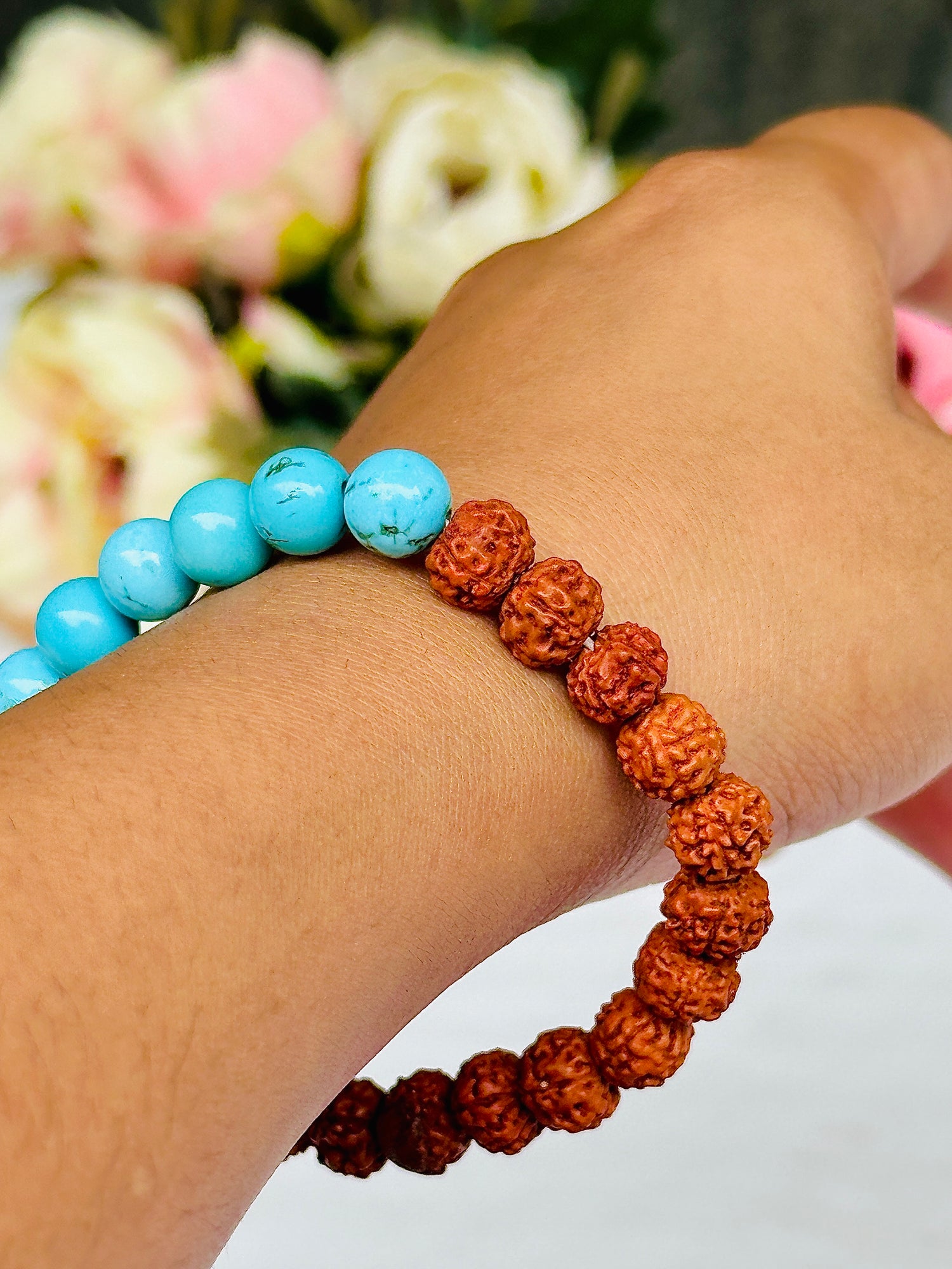 Enhance Immune & Communication: Turquoise with Rudraksha Bracelet - Abhimantrit & Certified