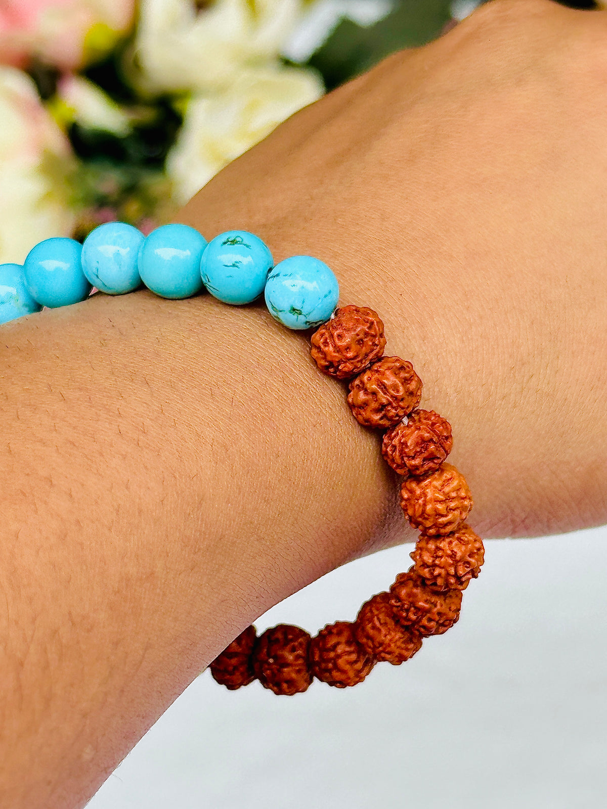 Enhance Immune & Communication: Turquoise with Rudraksha Bracelet - Abhimantrit & Certified