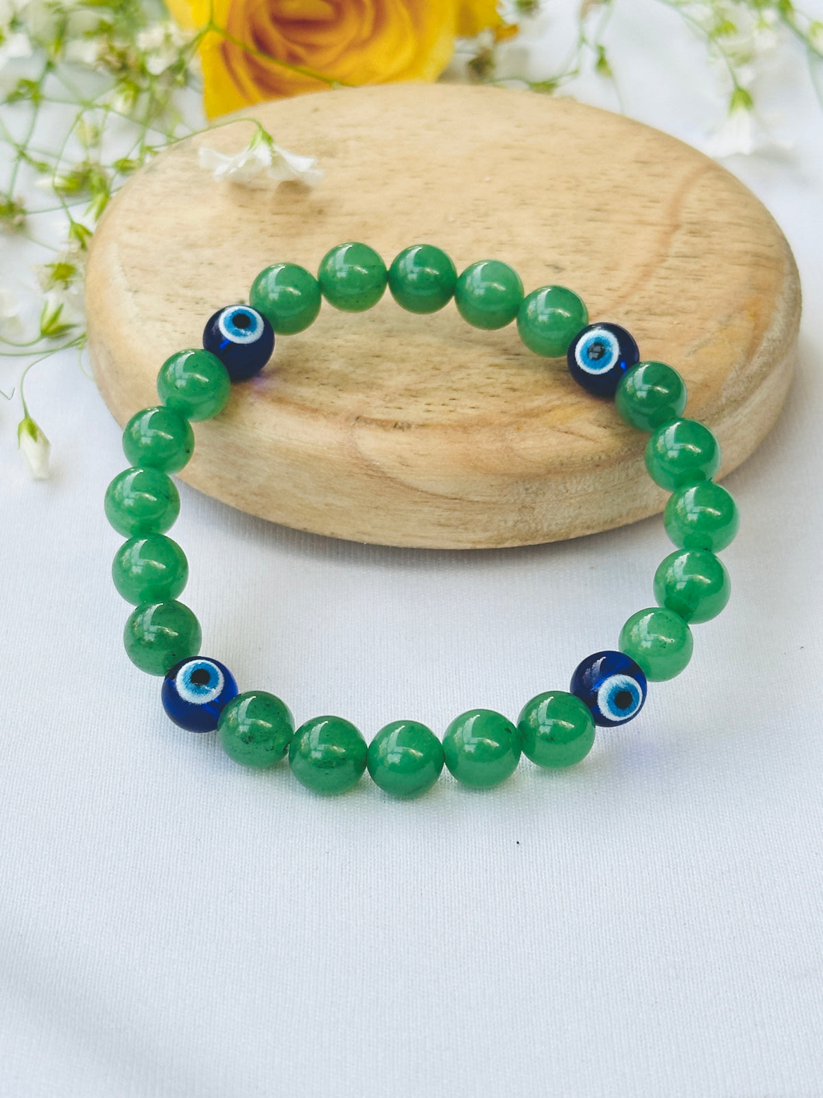 Wealth Attract and Evil Eye Protect: Green Aventurine with Evil Eye Bracelet - Abhimantrit & Certified