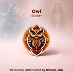 Decorative owl sticker with intricate design on a soft pink background, featuring the text 'Owl Sticker' and 'Personally Abhimantrit by Dhwani Jain'.