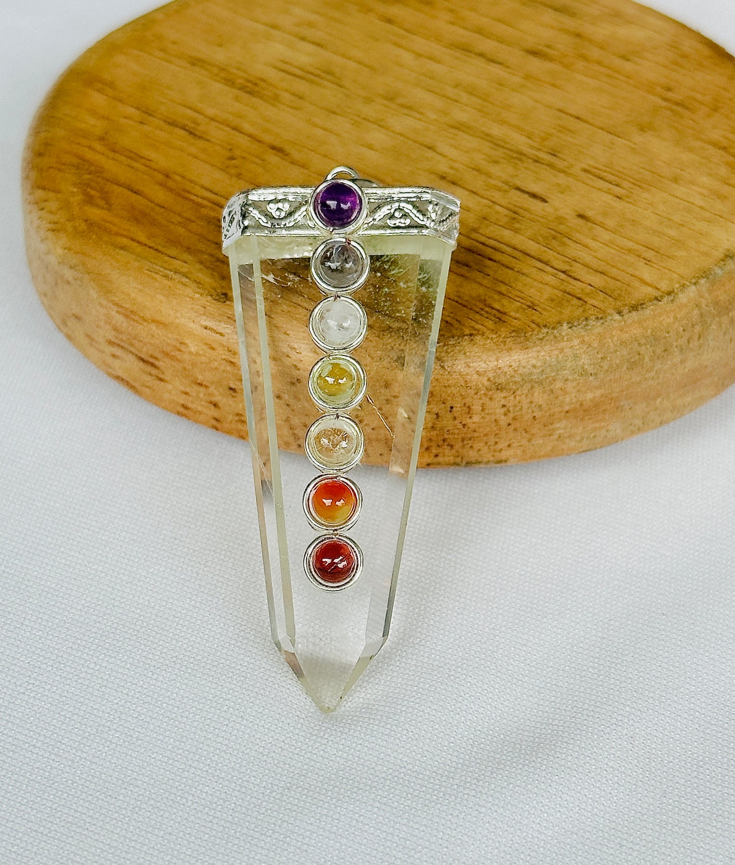 Removes Depression, Anger & Anxiety: Clear Quartz Seven Chakra Pendant - Abhimantrit & Certified