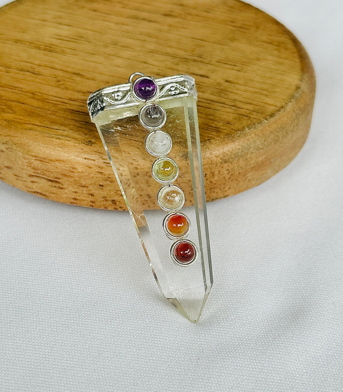 Removes Depression, Anger & Anxiety: Clear Quartz Seven Chakra Pendant - Abhimantrit & Certified