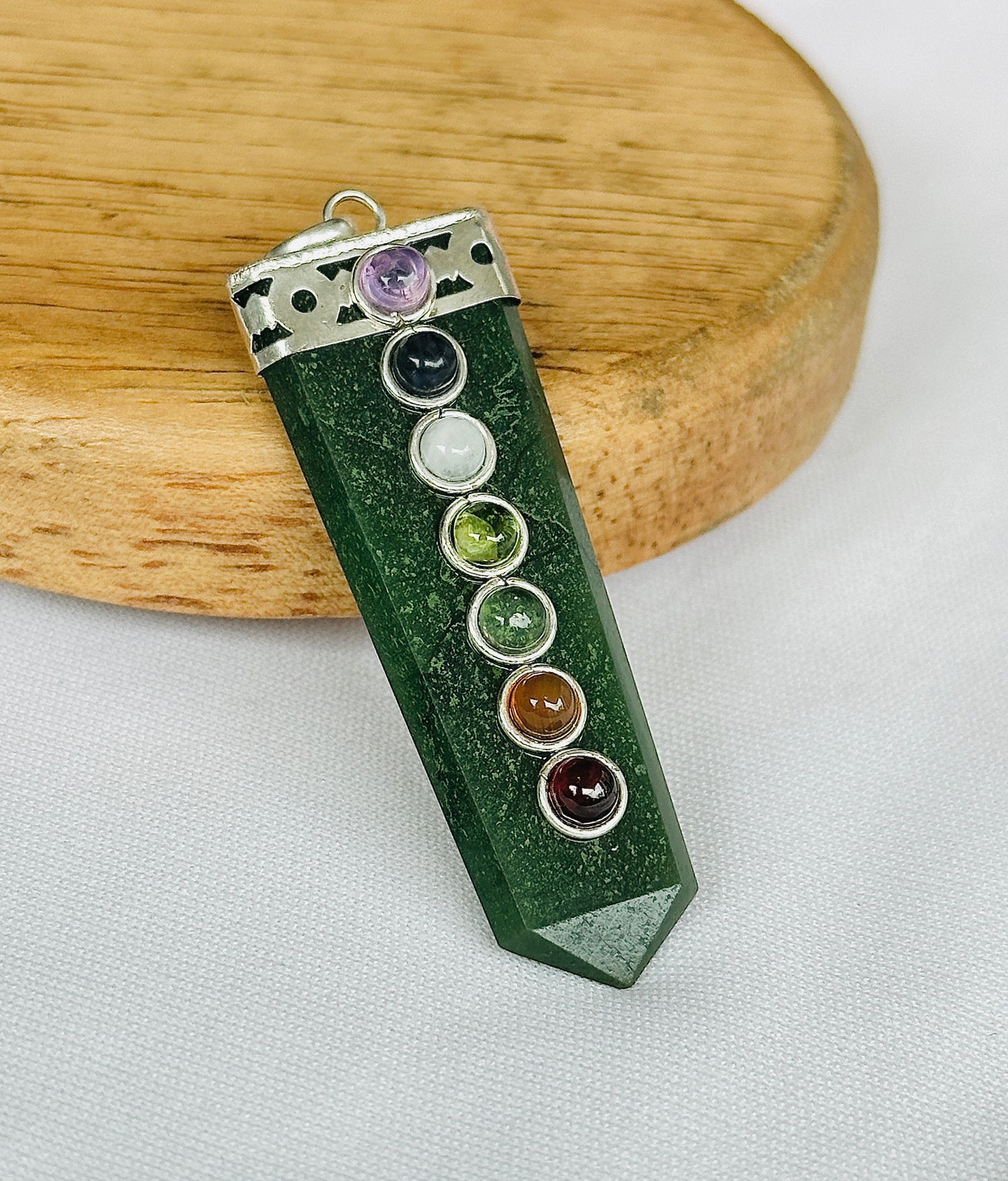 Green Jade Seven Chakra Pendant - Abhimantrit & Certified