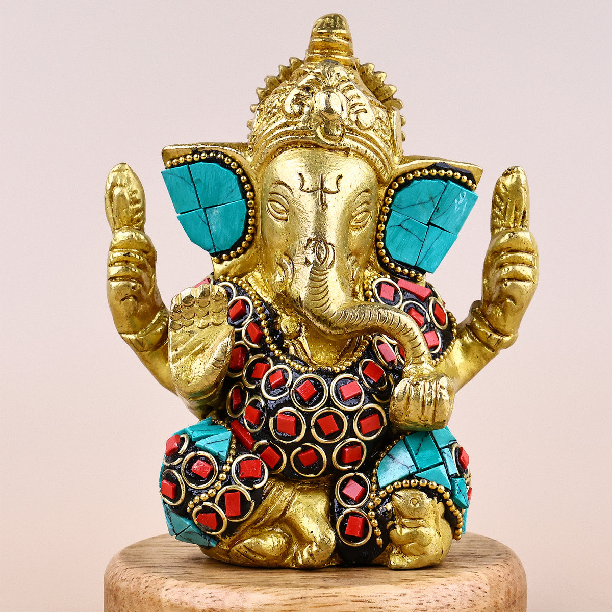 Brass Shri Ganesh Statue with Stonework - Abhimantrit