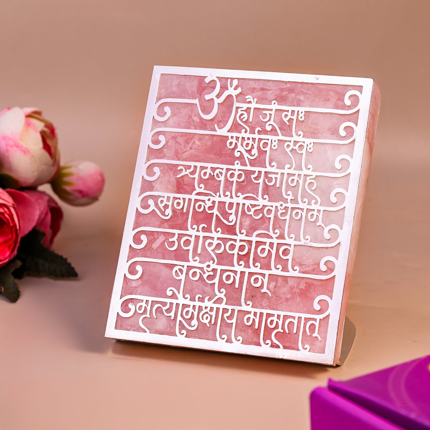 Maha Mrityunjaya Mantra Rose Quartz Tealight Holder