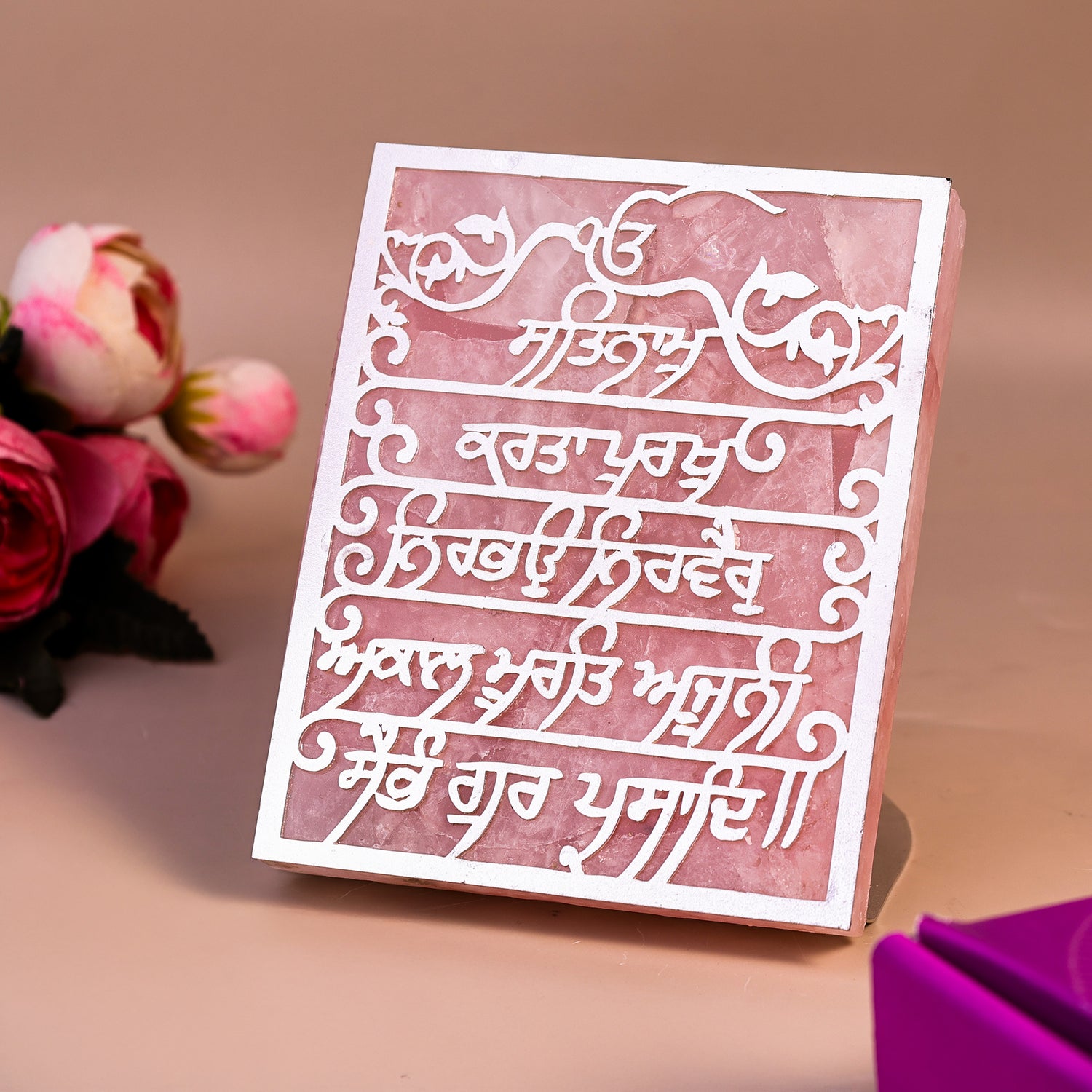 Ik Onkar Mool Mantra Rose Quartz Tealight Holder